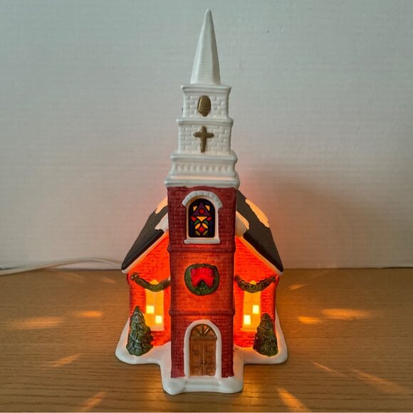 Vtg Galleria Red Church Christmas Village Fine Porcelain Hand Painted Decoration - Picture 2 of 12